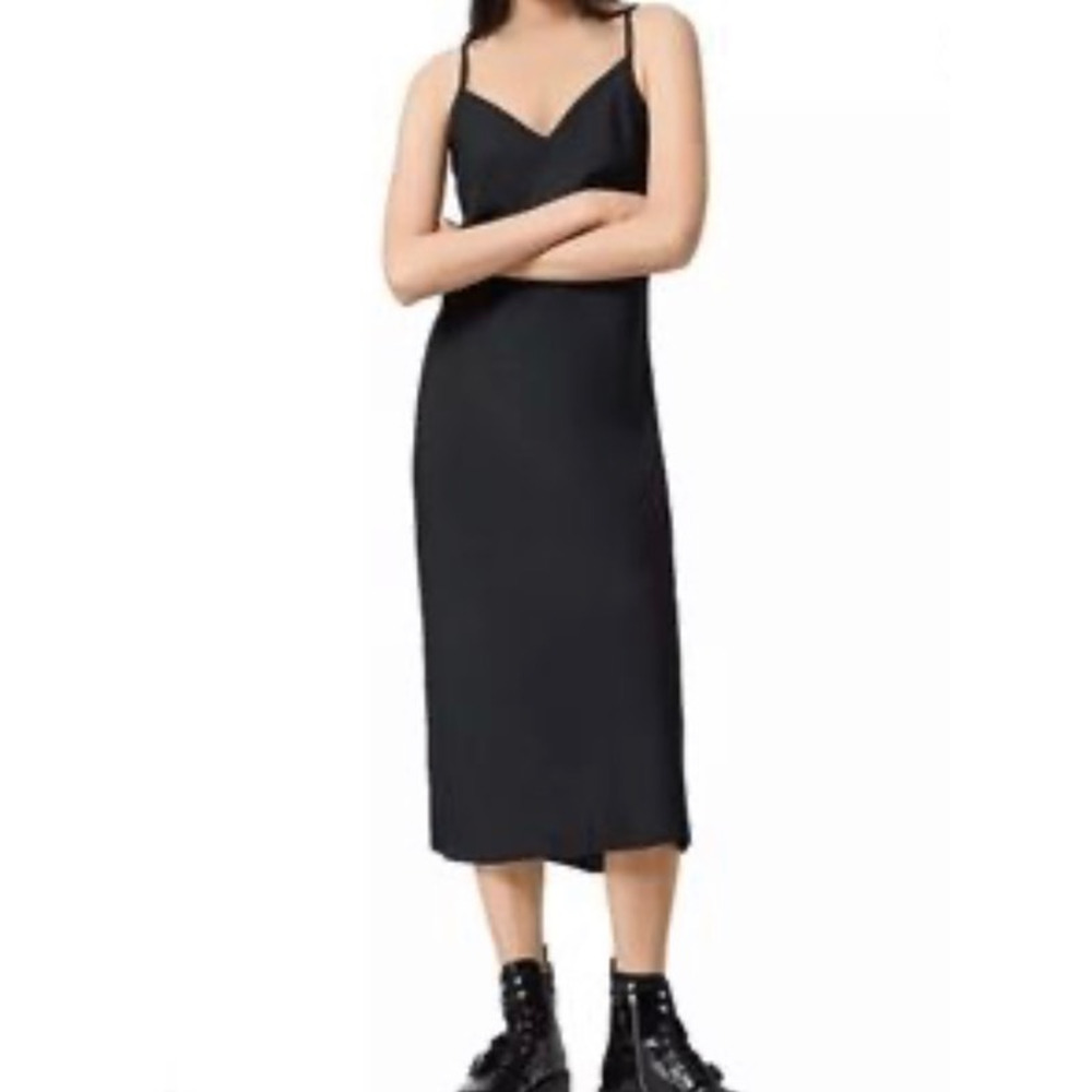 Allsaints Slip Dress Women's 00 Black Solid Knee Length V Neck Minimalist New
